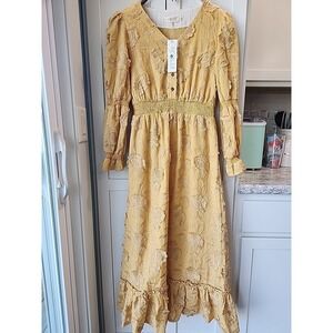 New ROOLEE Gold Yellow Floral Embroidered Long Sleeve Dress Size Xs
